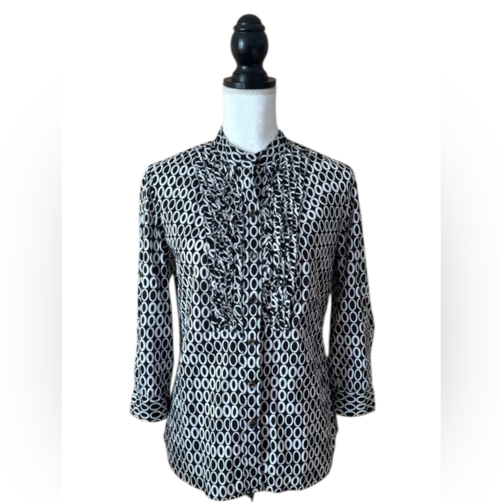 Charter Club 100% Cotton Blouse Size 8 Black White Geometric 3/4 Sleeve